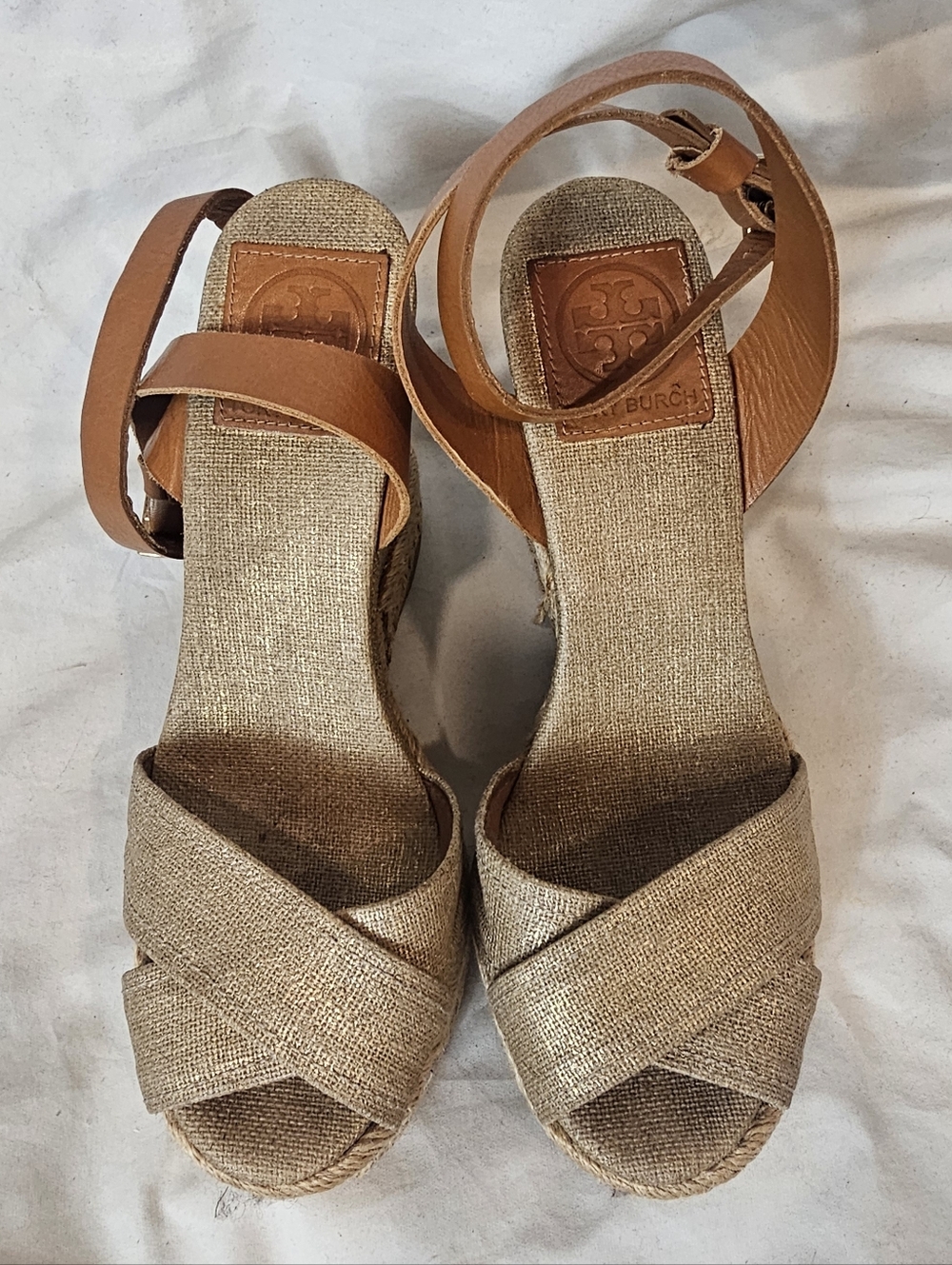 Tory Burch Fabian Wedge Espadrille Sandals Size 6 Metallic Boho Chic Ankle Strap - Picture 4 of 14